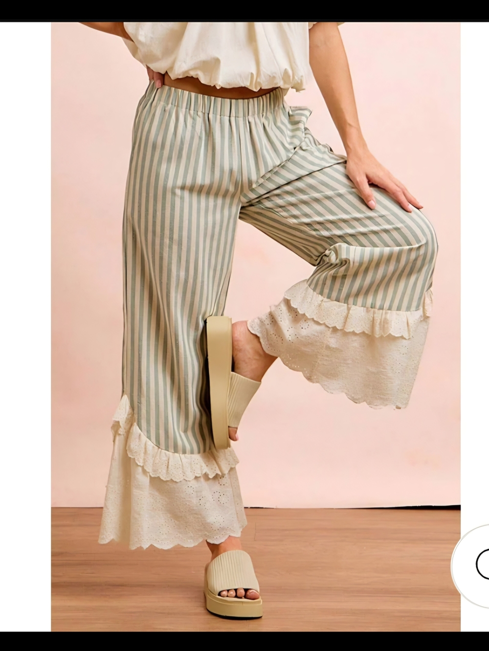 129p BiBi Sage Green & White Striped Wide-Leg Cropped Pants with Ruffle Hem